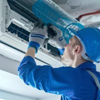contractor in blue coveralls performing repair services