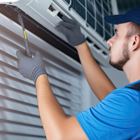 win heat & cool contractor servicing an air conditioner